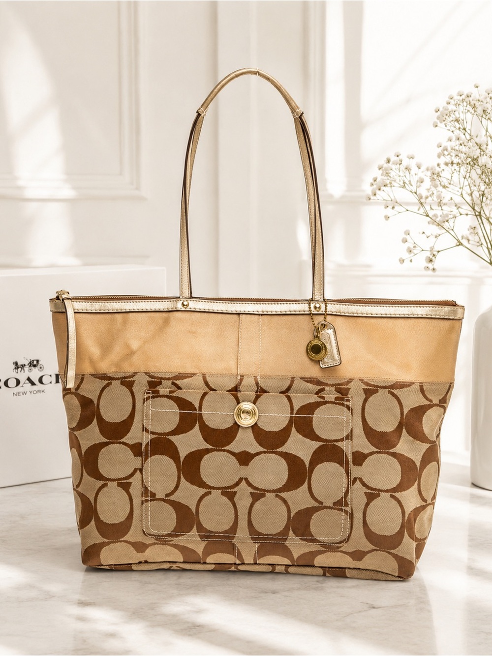 Coach Signature Jacquard Metallic Leather Trim Tote Bag Khaki Gold Large